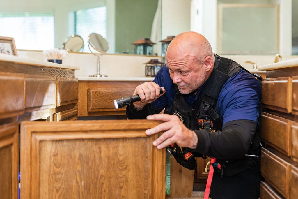 Trident inspector checking under a bathroom cabinet during a home inspection