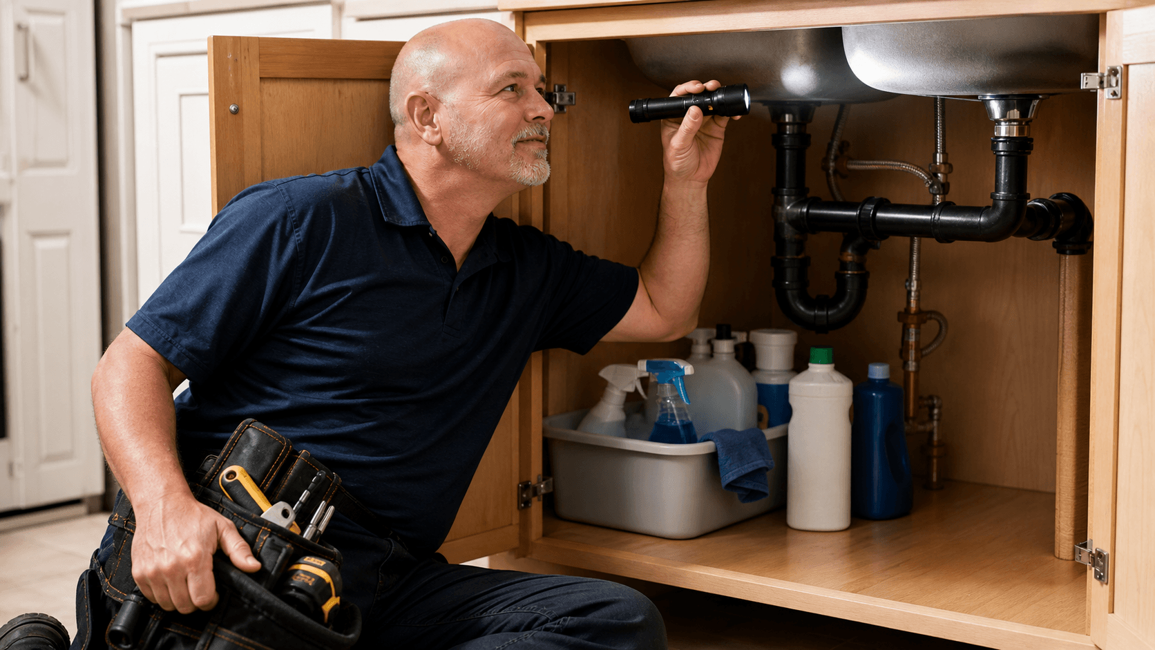 Trident inspector checking under-sink plumbing with a flashlight